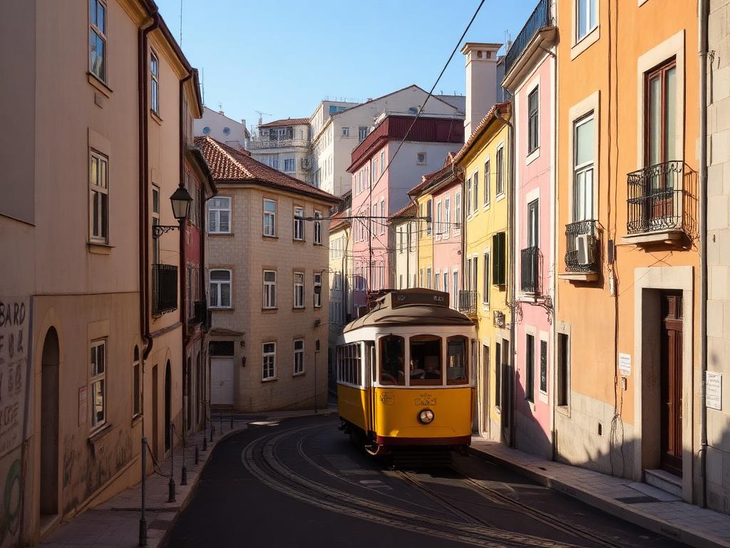 Rua histórica de Lisboa com bonde amarelo